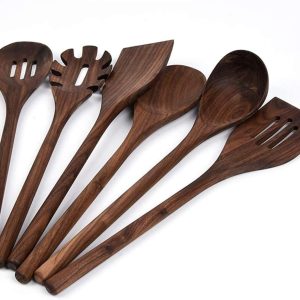 6 PCS Black Walnut Wooden Kitchen Utensils Set – Handmade Long Handle Spoons & Spatulas for Non-Stick Cookware