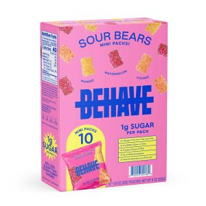 BEHAVE Sour Bears Mini Packs (10 Pack) – Low Sugar Sour Gummy Bears, Gluten-Free, High Fiber, 1g Sugar Candy